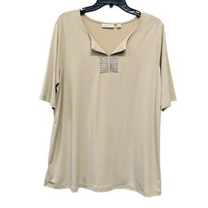 Susan Graver Women's Beige Embellished V Neck Short Sleeve‎ Blouse Top Size L
